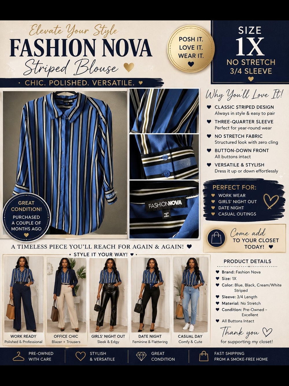 Fashion Nova Blue Striped Button-Down Blouse - 1X